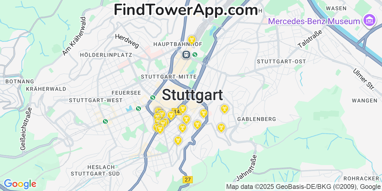 Map showing the 20 primary cell tower locations detected in Stuttgart, Germany with coverage areas and signal strength