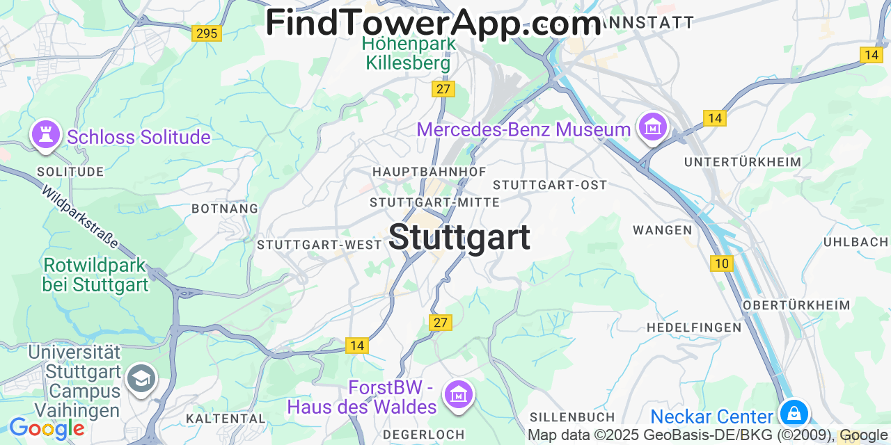 Map showing the 0 primary O2 cell tower locations detected in Stuttgart, Germany with coverage radius and signal strength indicators