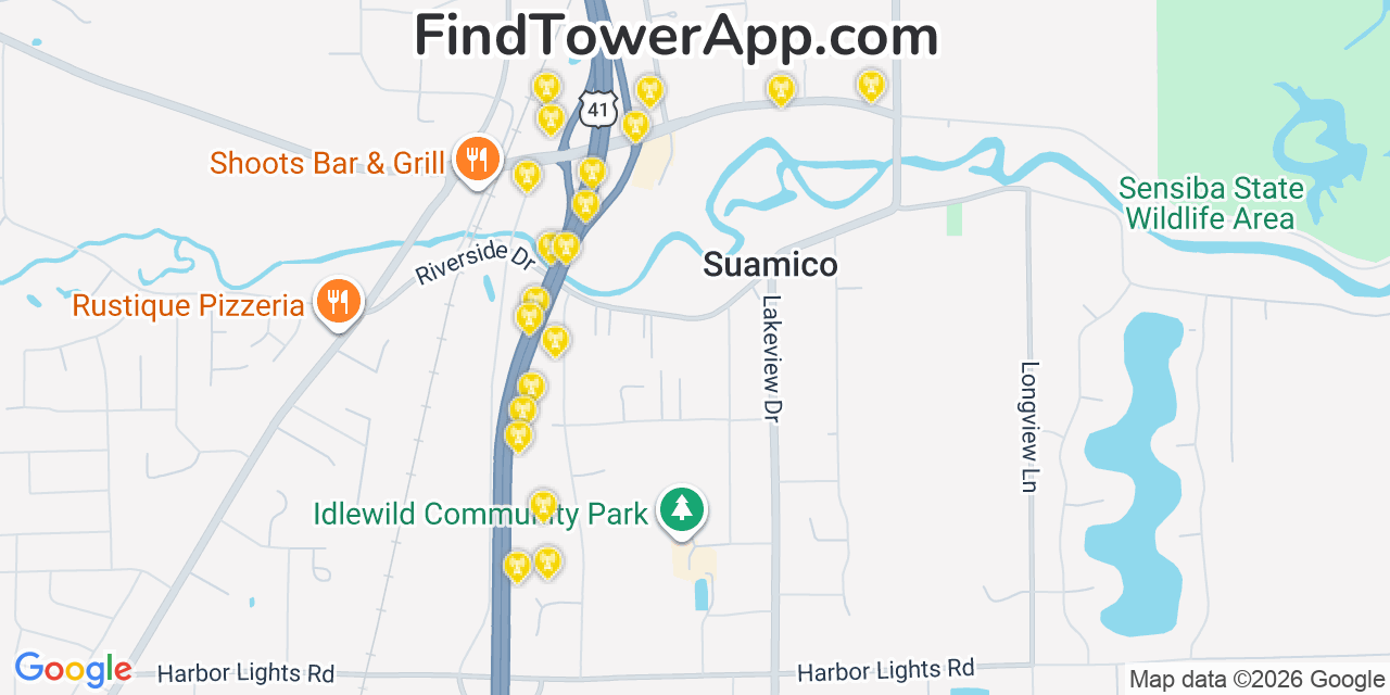 Map showing the 20 primary cell tower locations detected in Suamico, Wisconsin from AT&T, Verizon, and T-Mobile networks