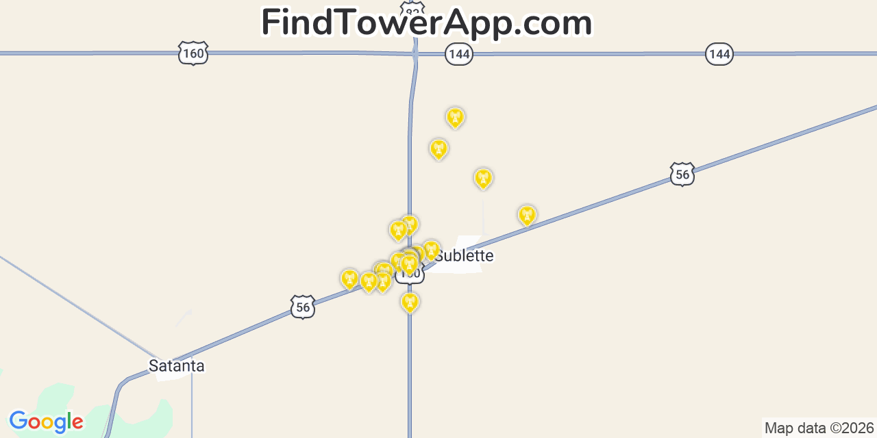 Map showing the 20 primary cell tower locations detected in Sublette, Kansas from AT&T, Verizon, and T-Mobile networks