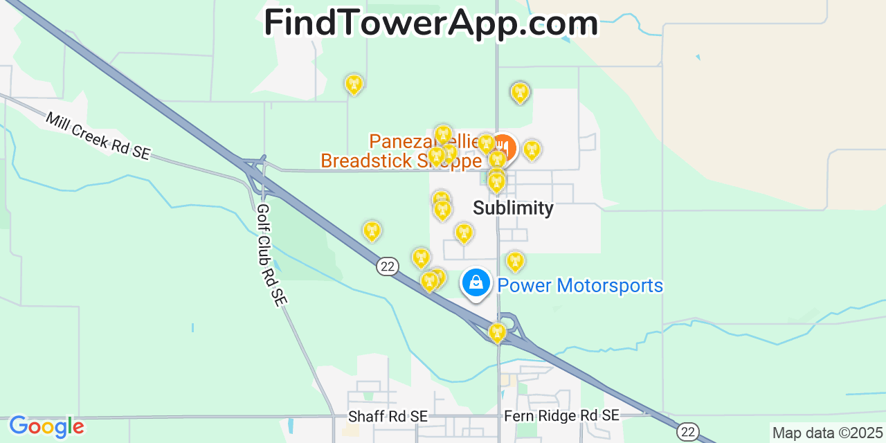 Map showing the 20 primary cell tower locations detected in Sublimity, Oregon from AT&T, Verizon, and T-Mobile networks