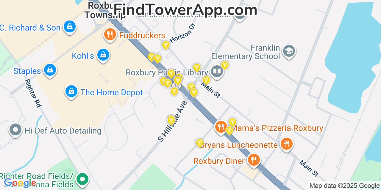 Map showing the 20 primary cell tower locations detected in Succasunna, New Jersey from AT&T, Verizon, and T-Mobile networks