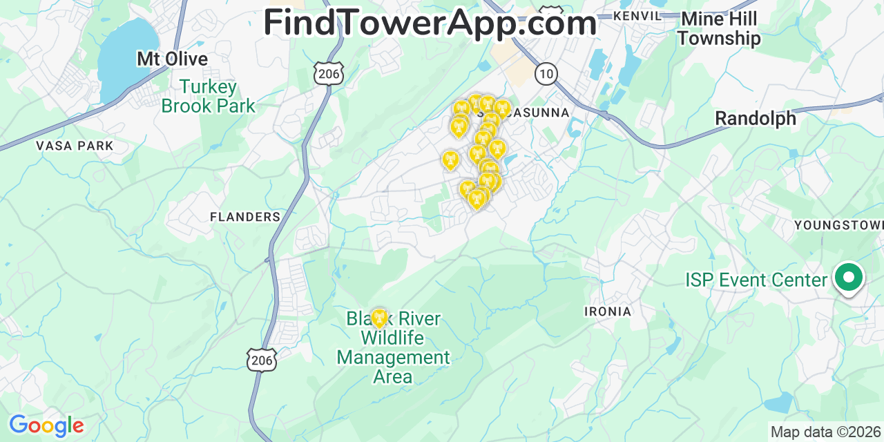 Map showing the 20 primary cell tower locations detected in Succasunna, New Jersey from AT&T, Verizon, and T-Mobile networks