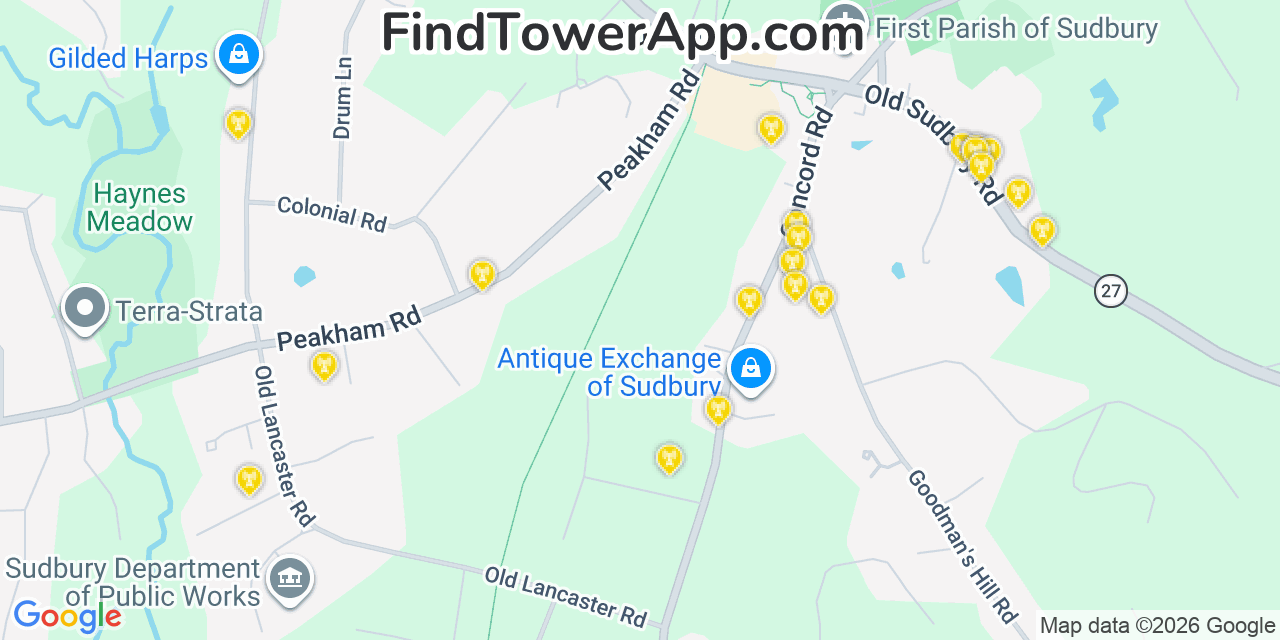 Map showing the 20 primary cell tower locations detected in Sudbury, Massachusetts from AT&T, Verizon, and T-Mobile networks