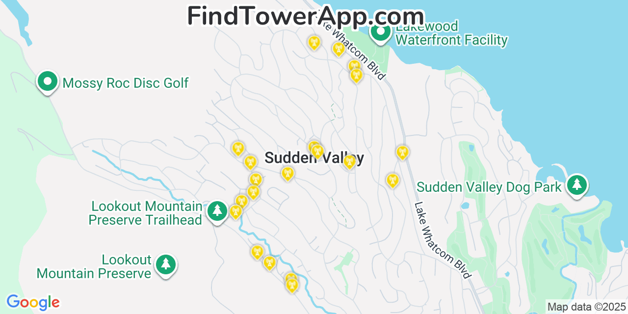 Map showing the 20 primary cell tower locations detected in Sudden Valley, Washington from AT&T, Verizon, and T-Mobile networks