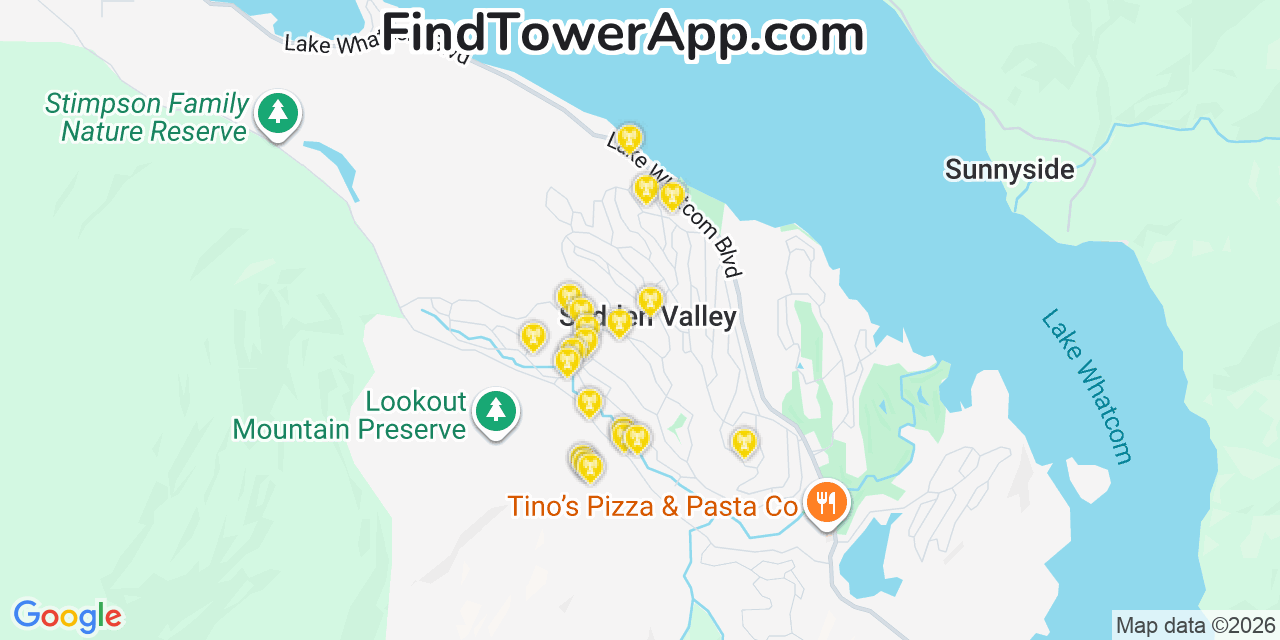 Map showing the 20 primary cell tower locations detected in Sudden Valley, Washington from AT&T, Verizon, and T-Mobile networks