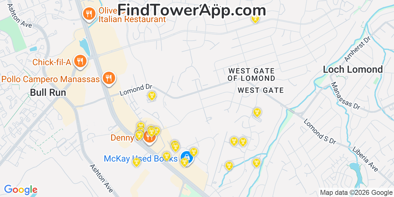 Map showing the 20 primary cell tower locations detected in Sudley, Virginia from AT&T, Verizon, and T-Mobile networks