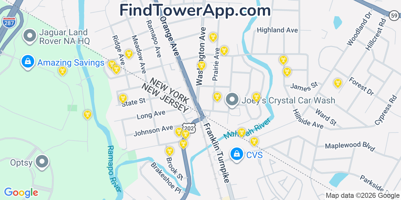 Map showing the 20 primary cell tower locations detected in Suffern, New York from AT&T, Verizon, and T-Mobile networks
