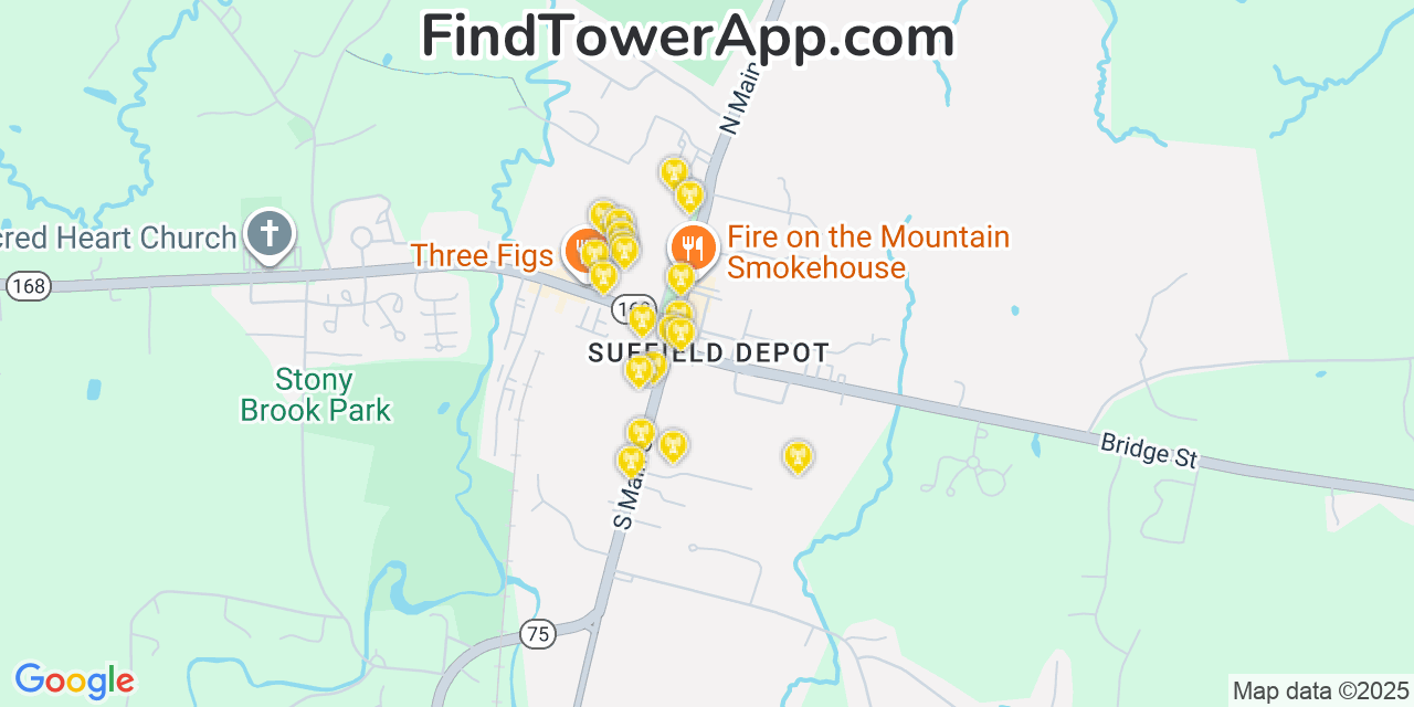 Map showing the 20 primary cell tower locations detected in Suffield Depot, Connecticut from AT&T, Verizon, and T-Mobile networks