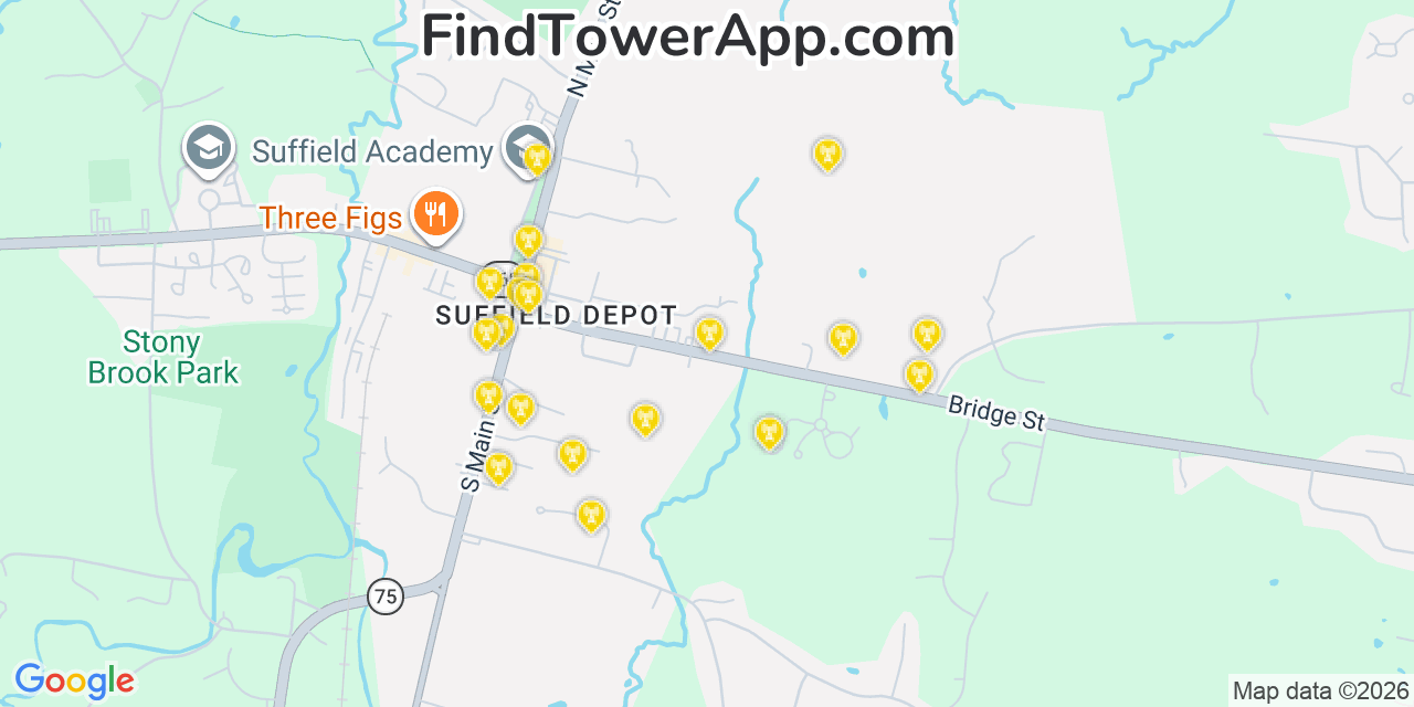 Map showing the 20 primary cell tower locations detected in Suffield Depot, Connecticut from AT&T, Verizon, and T-Mobile networks
