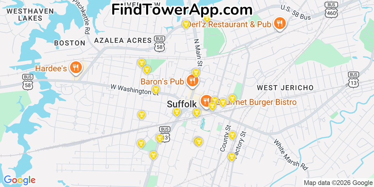 Map showing the 20 primary cell tower locations detected in Suffolk, Virginia from AT&T, Verizon, and T-Mobile networks
