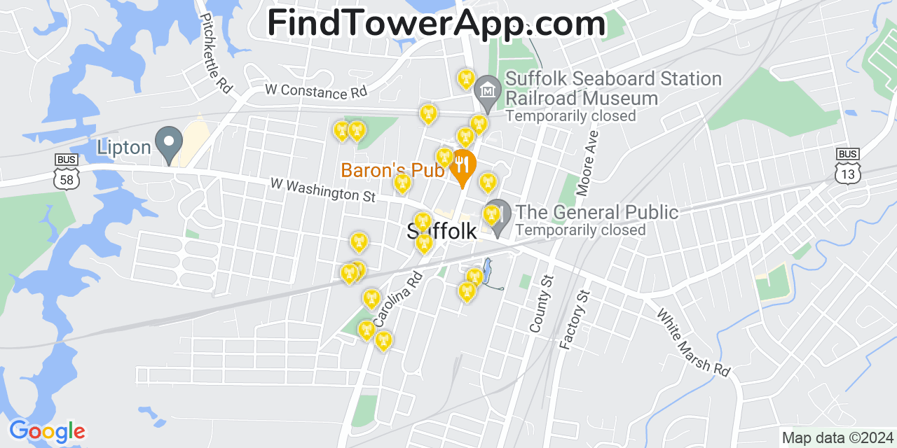 Verizon 4G/5G cell tower coverage map Suffolk, Virginia