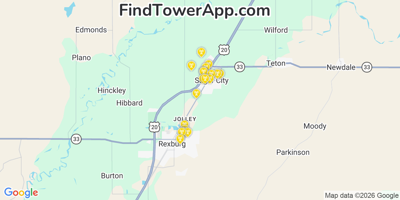 Map showing the 20 primary cell tower locations detected in Sugar City, Idaho from AT&T, Verizon, and T-Mobile networks