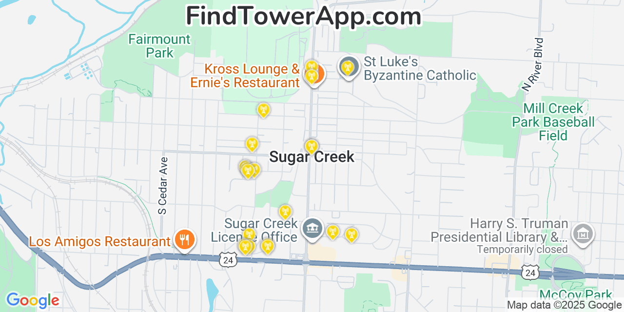 Map showing the 20 primary cell tower locations detected in Sugar Creek, Missouri from AT&T, Verizon, and T-Mobile networks