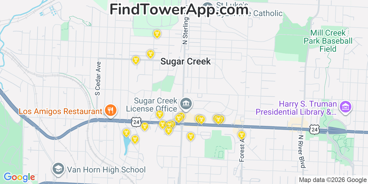 Map showing the 20 primary cell tower locations detected in Sugar Creek, Missouri from AT&T, Verizon, and T-Mobile networks