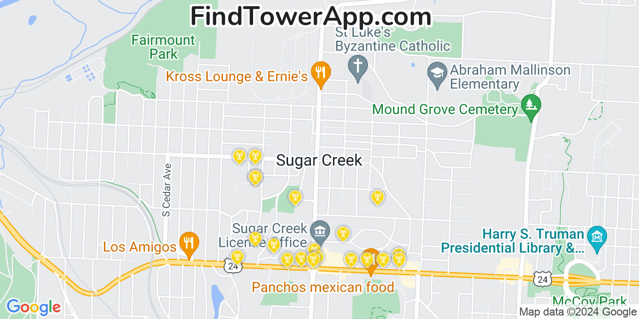 Verizon 4G/5G cell tower coverage map Sugar Creek, Missouri