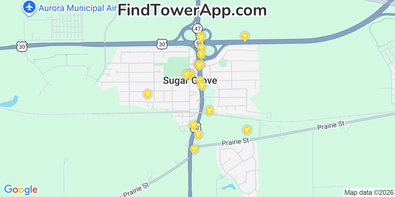 Map showing the 20 primary cell tower locations detected in Sugar Grove, Illinois from AT&T, Verizon, and T-Mobile networks