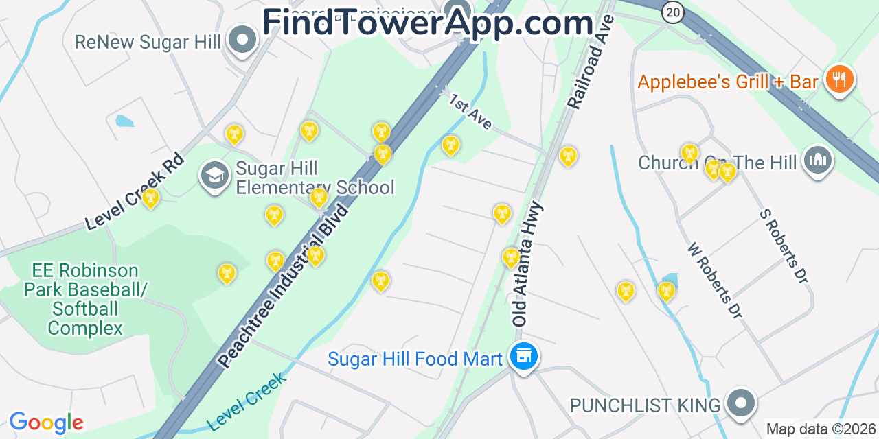 Map showing the 20 primary cell tower locations detected in Sugar Hill, Georgia from AT&T, Verizon, and T-Mobile networks