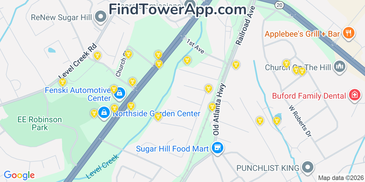 Map showing the 20 primary Mobitel cell tower locations detected in Sugar Hill, Georgia with coverage radius and signal strength indicators