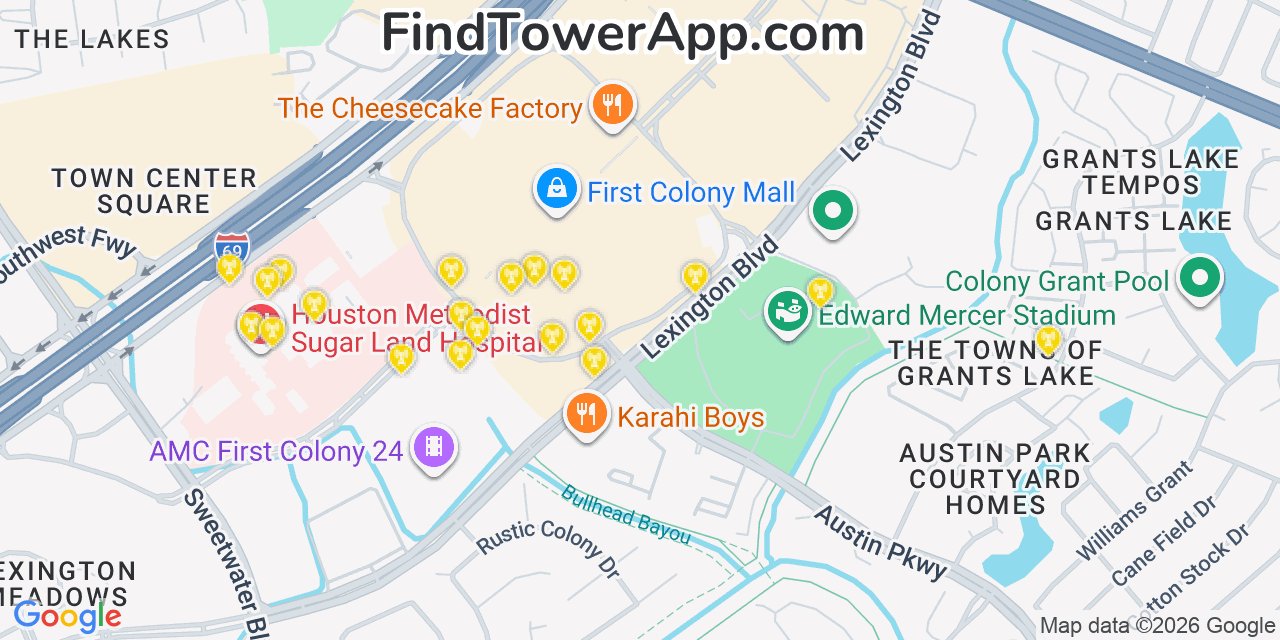 Map showing the 20 primary cell tower locations detected in Sugar Land, Texas from AT&T, Verizon, and T-Mobile networks