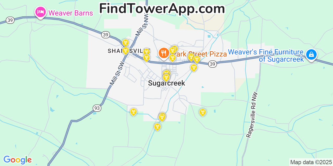 Map showing the 20 primary cell tower locations detected in Sugarcreek, Ohio from AT&T, Verizon, and T-Mobile networks