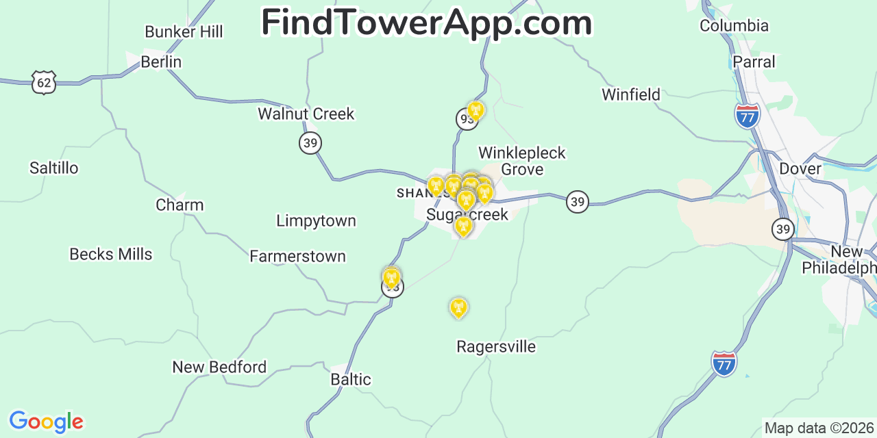 Map showing the 20 primary cell tower locations detected in Sugarcreek, Ohio from AT&T, Verizon, and T-Mobile networks