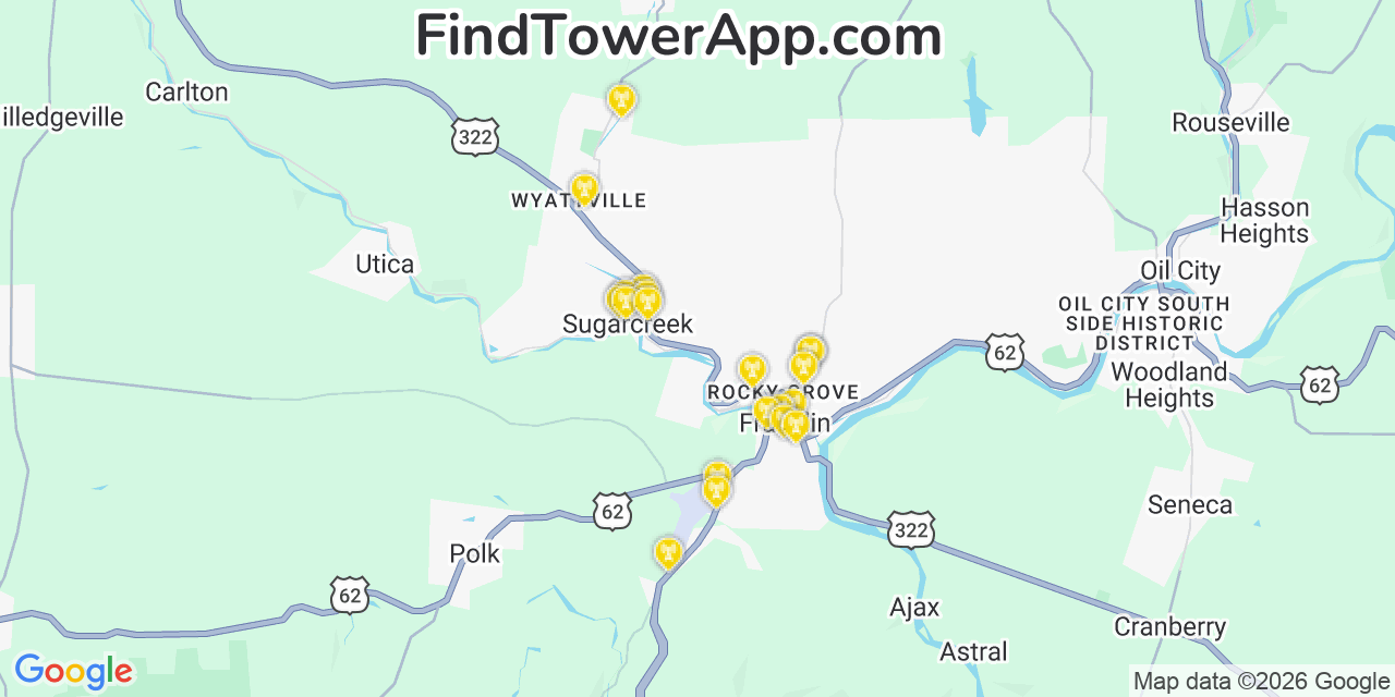 Map showing the 20 primary cell tower locations detected in Sugarcreek, Pennsylvania from AT&T, Verizon, and T-Mobile networks