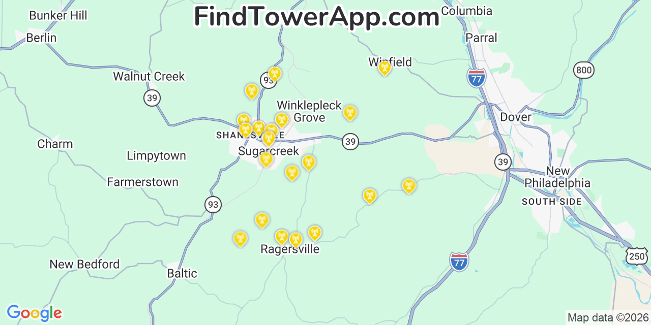 Map showing the 20 primary cell tower locations detected in Sugarcreek Police Dept, Ohio from AT&T, Verizon, and T-Mobile networks