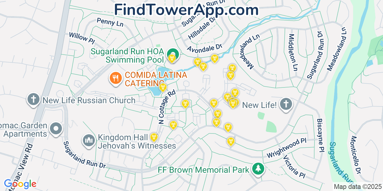 Map showing the 20 primary cell tower locations detected in Sugarland Run, Virginia from AT&T, Verizon, and T-Mobile networks
