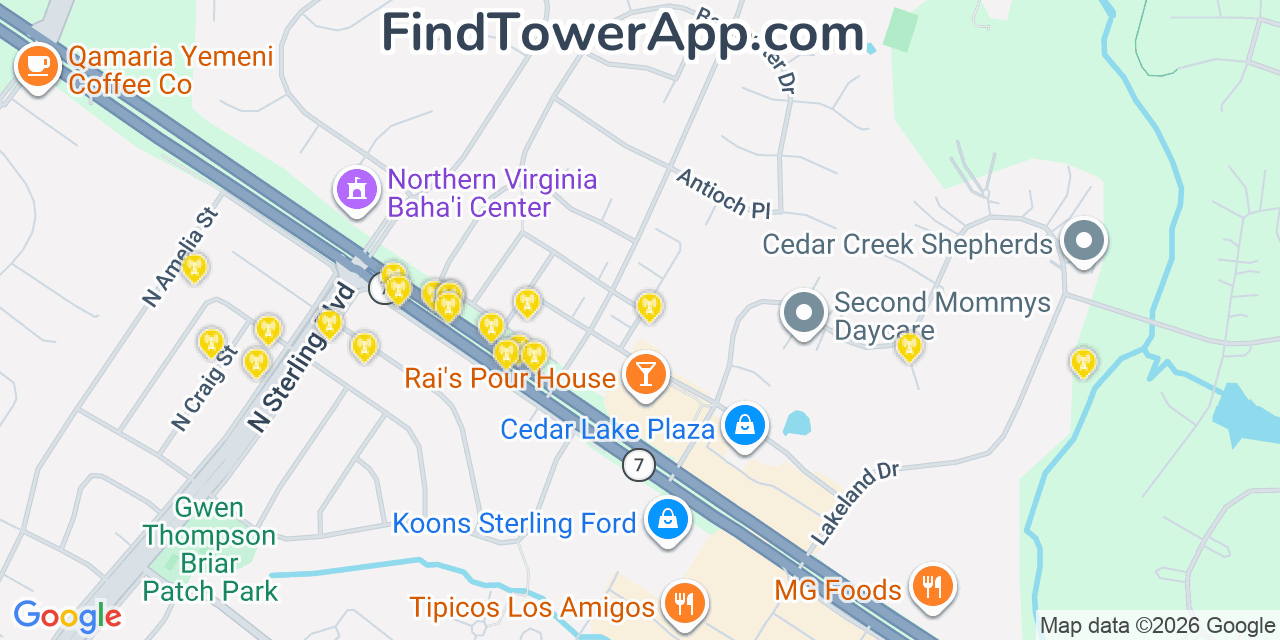 Map showing the 20 primary cell tower locations detected in Sugarland Run, Virginia from AT&T, Verizon, and T-Mobile networks