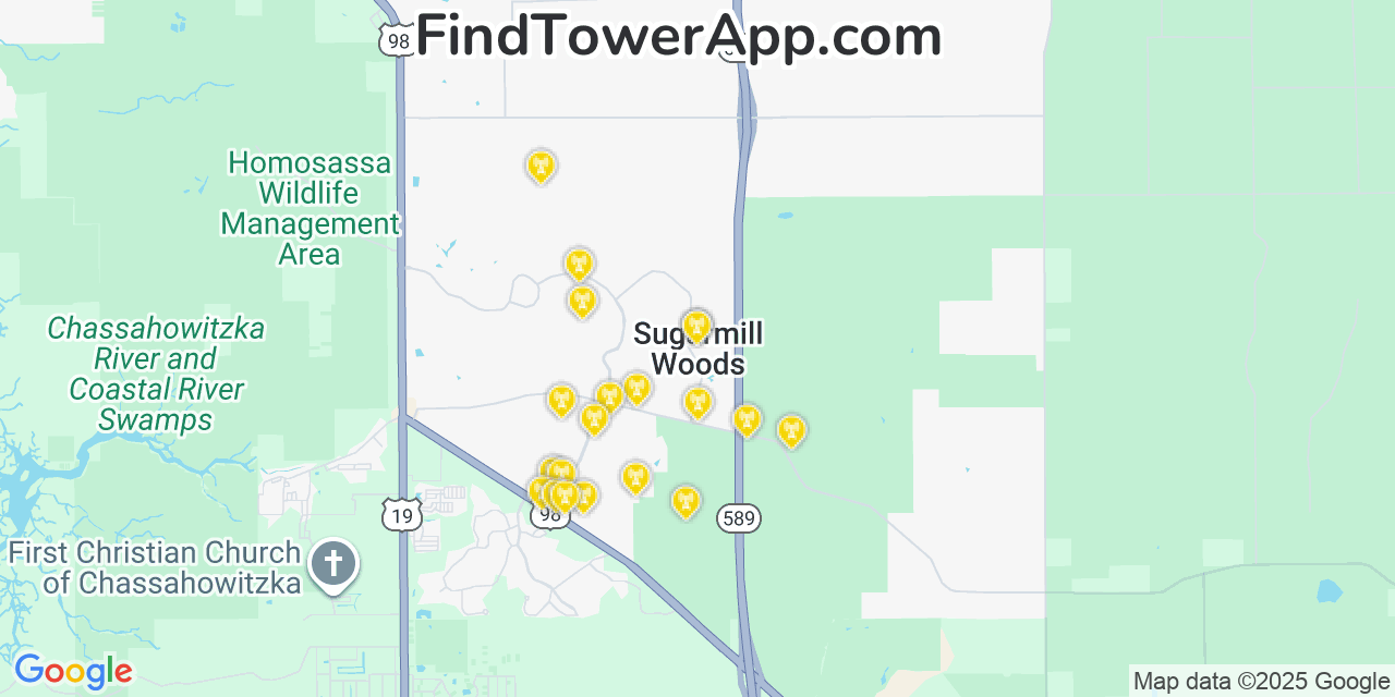 Map showing the 20 primary cell tower locations detected in Sugarmill Woods, Florida from AT&T, Verizon, and T-Mobile networks