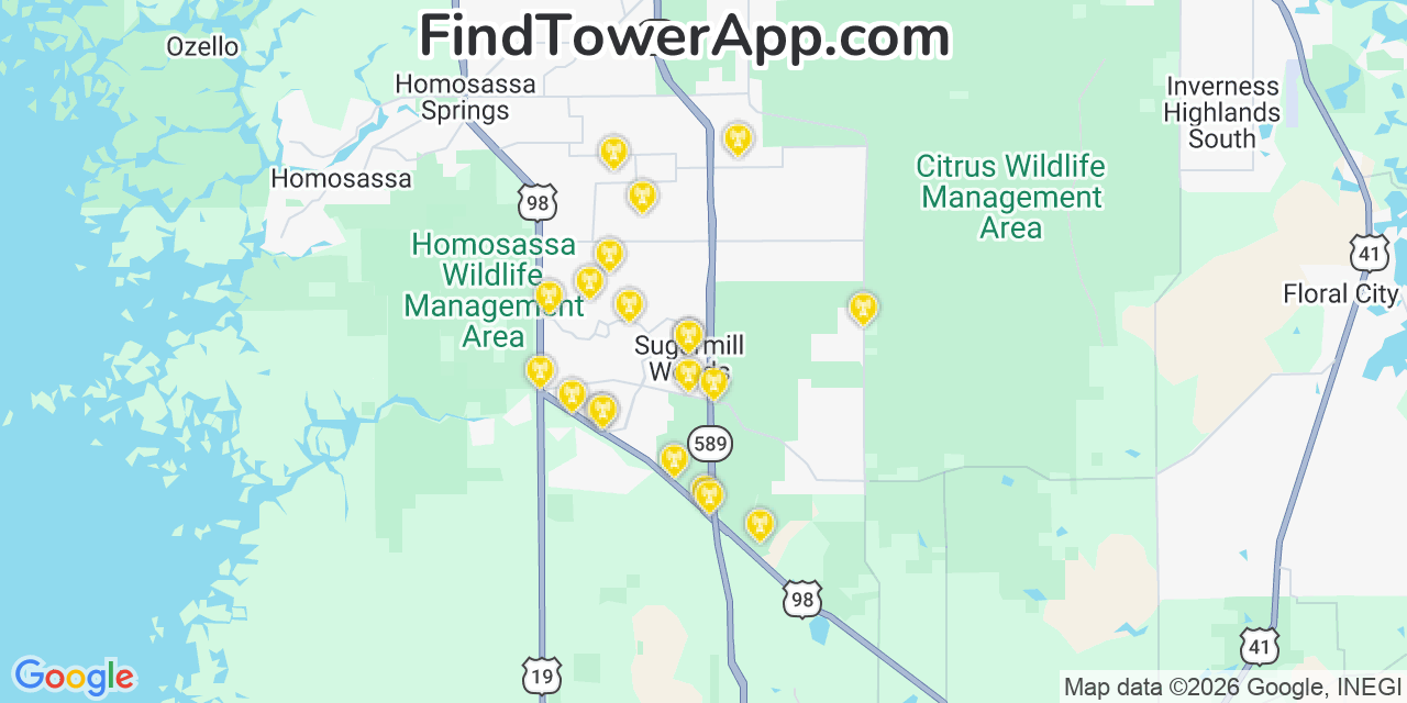 Map showing the 20 primary cell tower locations detected in Sugarmill Woods, Florida from AT&T, Verizon, and T-Mobile networks