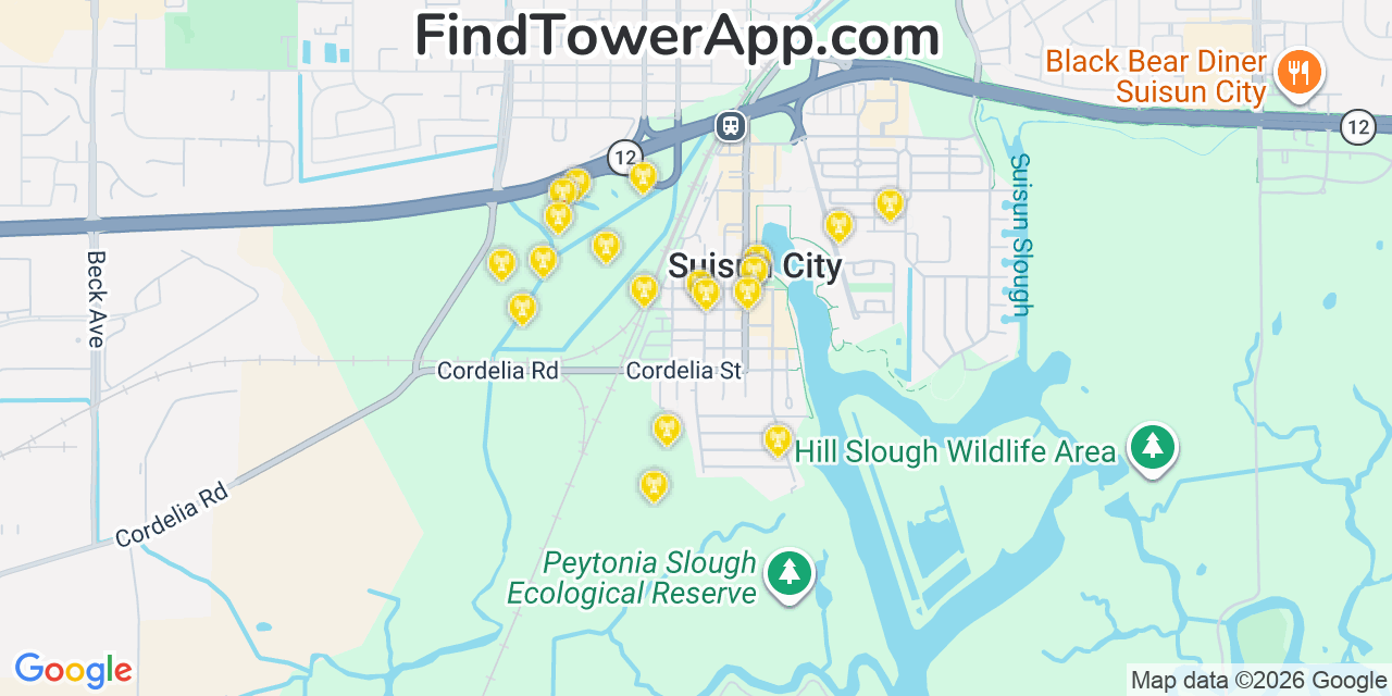 Map showing the 20 primary cell tower locations detected in Suisun, California from AT&T, Verizon, and T-Mobile networks