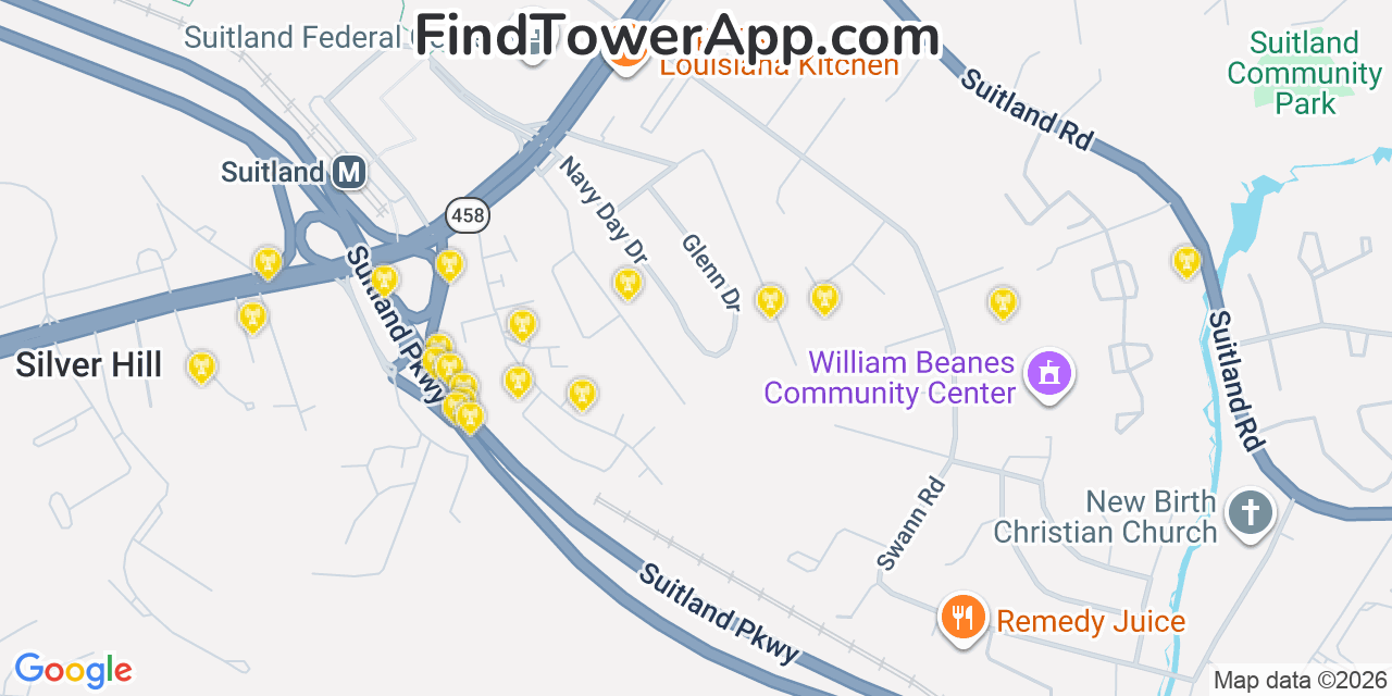 Map showing the 20 primary cell tower locations detected in Suitland, Maryland from AT&T, Verizon, and T-Mobile networks
