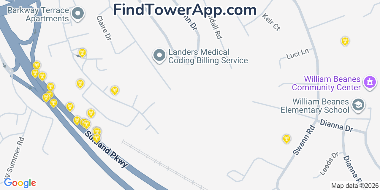 Map showing the 20 primary cell tower locations detected in Suitland Silver Hill, Maryland from AT&T, Verizon, and T-Mobile networks