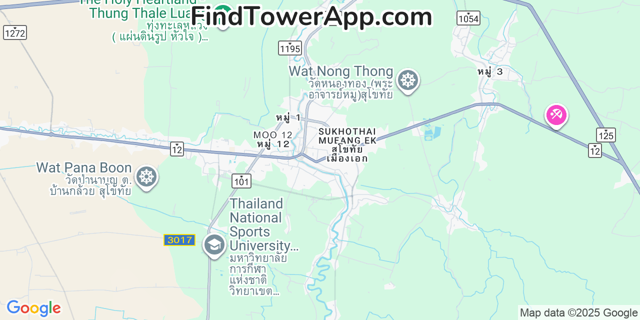Map showing the 0 primary DTAC cell tower locations detected in Sukhothai, Thailand with coverage radius and signal strength indicators