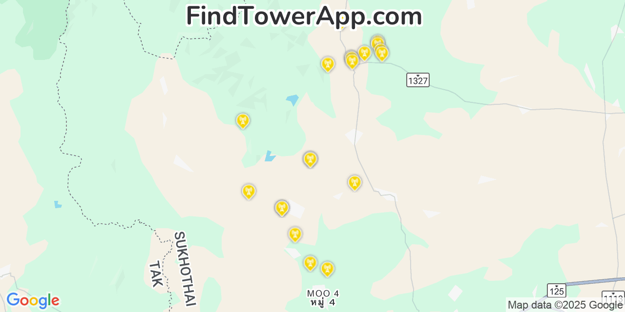 Map showing the 20 primary cell tower locations detected in Sukhothai, Thailand with coverage areas and signal strength