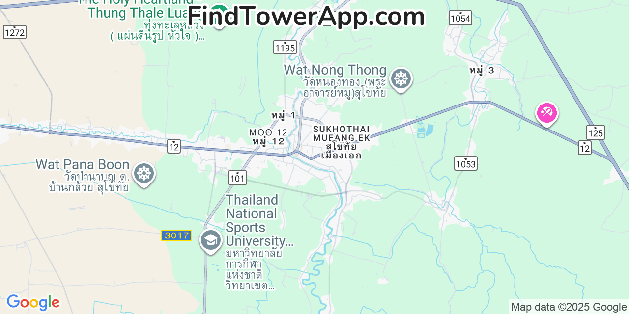 Map showing the 0 primary TOT-Public-Company cell tower locations detected in Sukhothai, Thailand with coverage radius and signal strength indicators