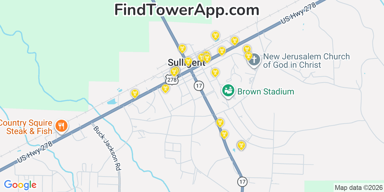 Map showing the 20 primary cell tower locations detected in Sulligent, Alabama from AT&T, Verizon, and T-Mobile networks