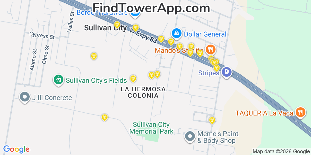 Map showing the 20 primary cell tower locations detected in Sullivan City, Texas from AT&T, Verizon, and T-Mobile networks