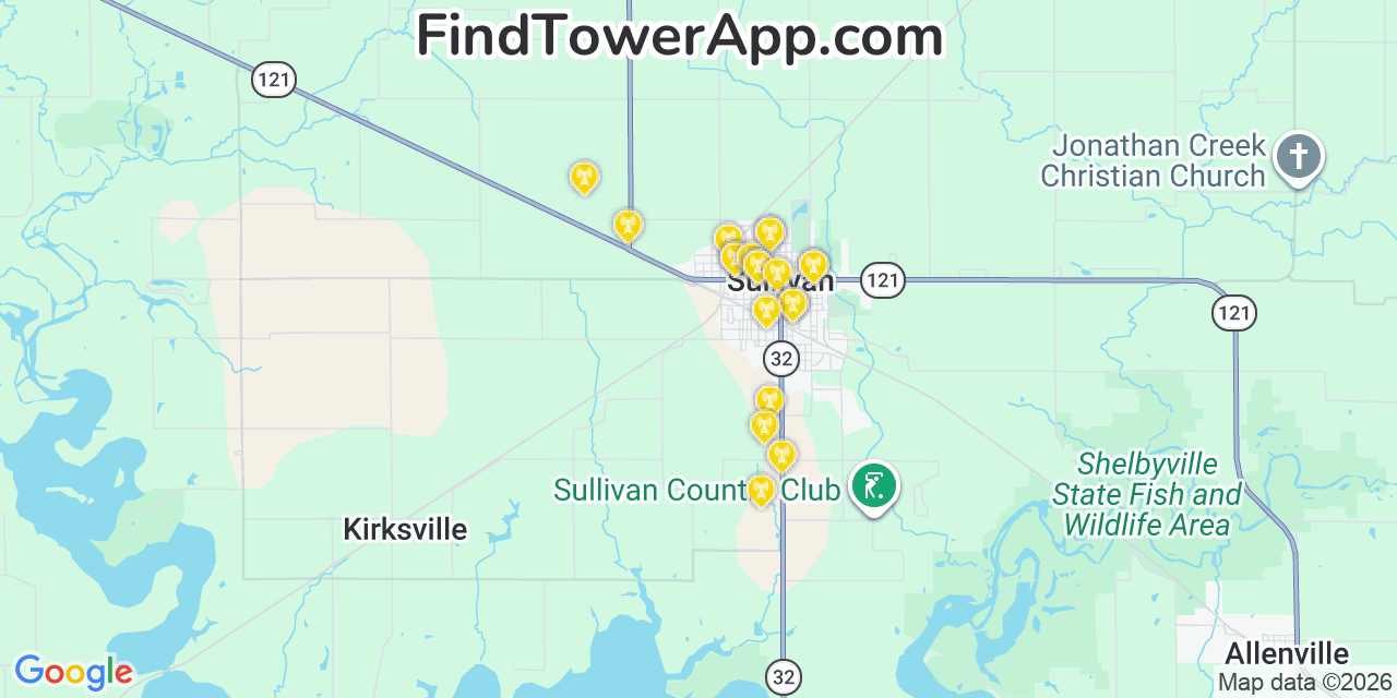 Map showing the 20 primary cell tower locations detected in Sullivan, Illinois from AT&T, Verizon, and T-Mobile networks