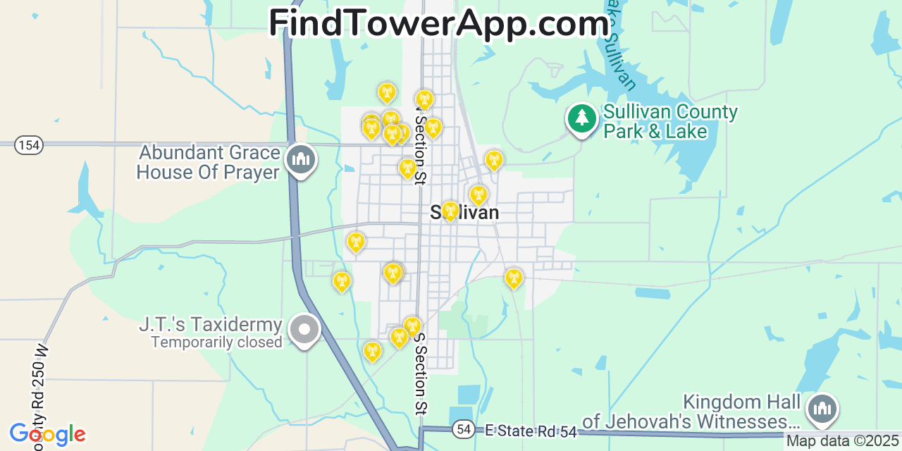 Map showing the 20 primary cell tower locations detected in Sullivan, Indiana from AT&T, Verizon, and T-Mobile networks