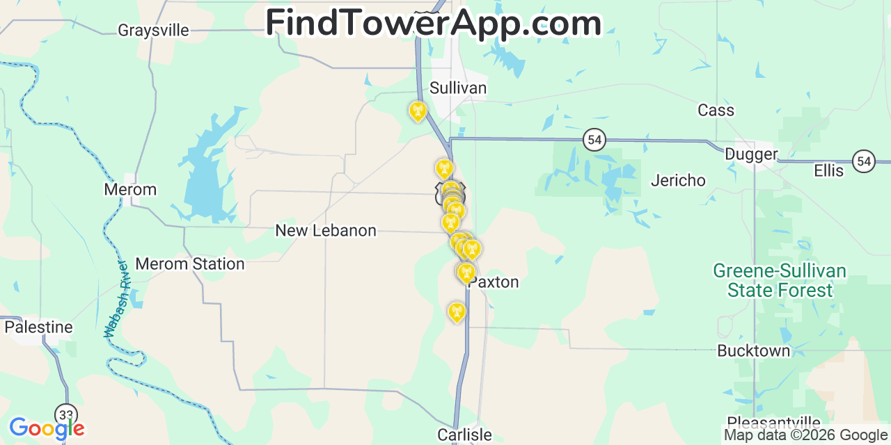 Map showing the 20 primary cell tower locations detected in Sullivan, Indiana from AT&T, Verizon, and T-Mobile networks