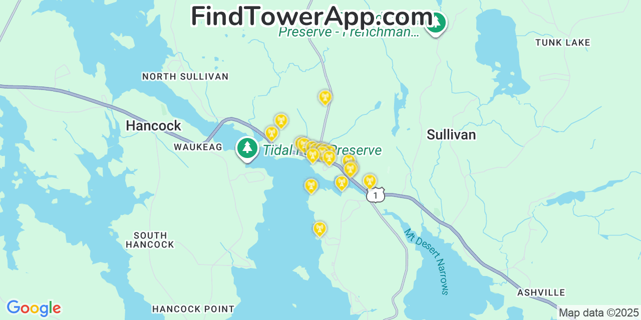 Map showing the 20 primary cell tower locations detected in Sullivan, Maine from AT&T, Verizon, and T-Mobile networks