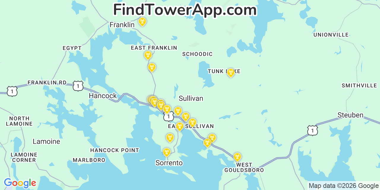 Map showing the 20 primary cell tower locations detected in Sullivan, Maine from AT&T, Verizon, and T-Mobile networks