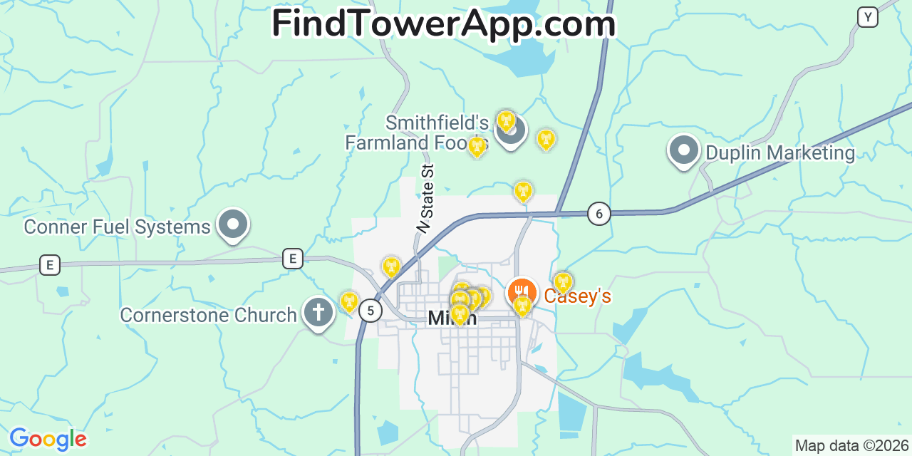 Map showing the 20 primary cell tower locations detected in Sullivan, Missouri from AT&T, Verizon, and T-Mobile networks