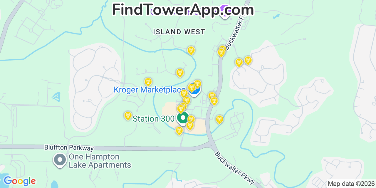 Map showing the 20 primary cell tower locations detected in Sullivans Island, South Carolina from AT&T, Verizon, and T-Mobile networks