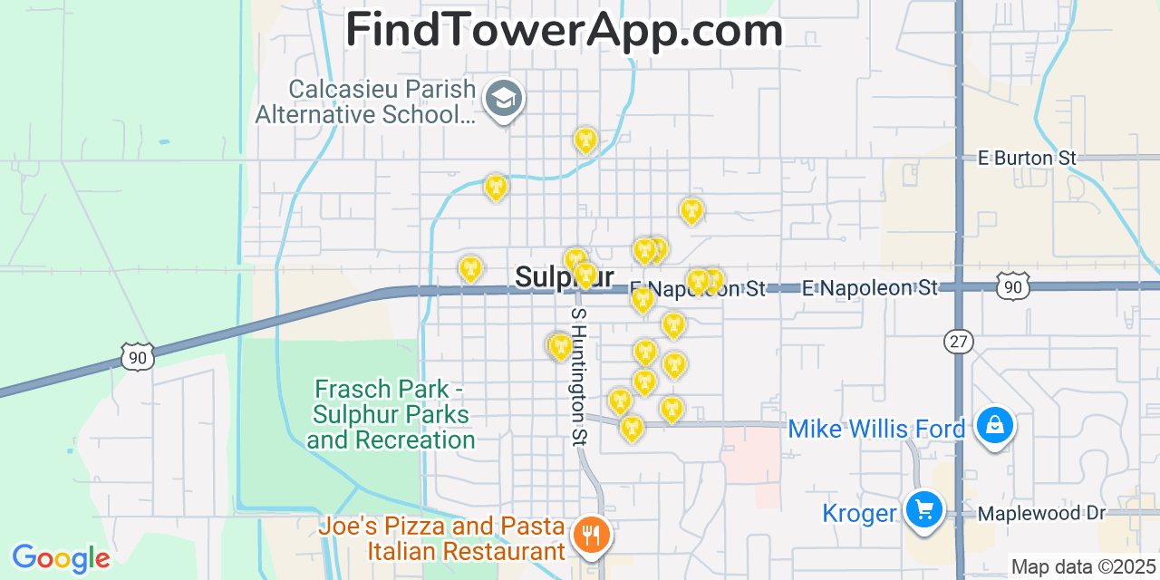 Map showing the 20 primary cell tower locations detected in Sulphur, Louisiana from AT&T, Verizon, and T-Mobile networks