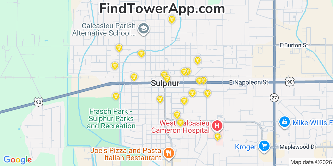 Map showing the 20 primary cell tower locations detected in Sulphur, Louisiana from AT&T, Verizon, and T-Mobile networks