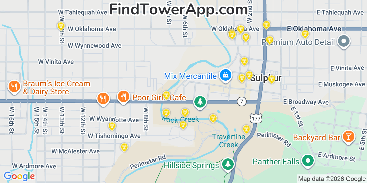 Map showing the 20 primary cell tower locations detected in Sulphur, Oklahoma from AT&T, Verizon, and T-Mobile networks